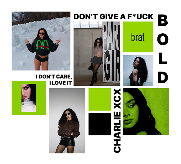 Moodboard Charlie XCX: neongroen, zwart-wit contrast en vetgedrukte typografie