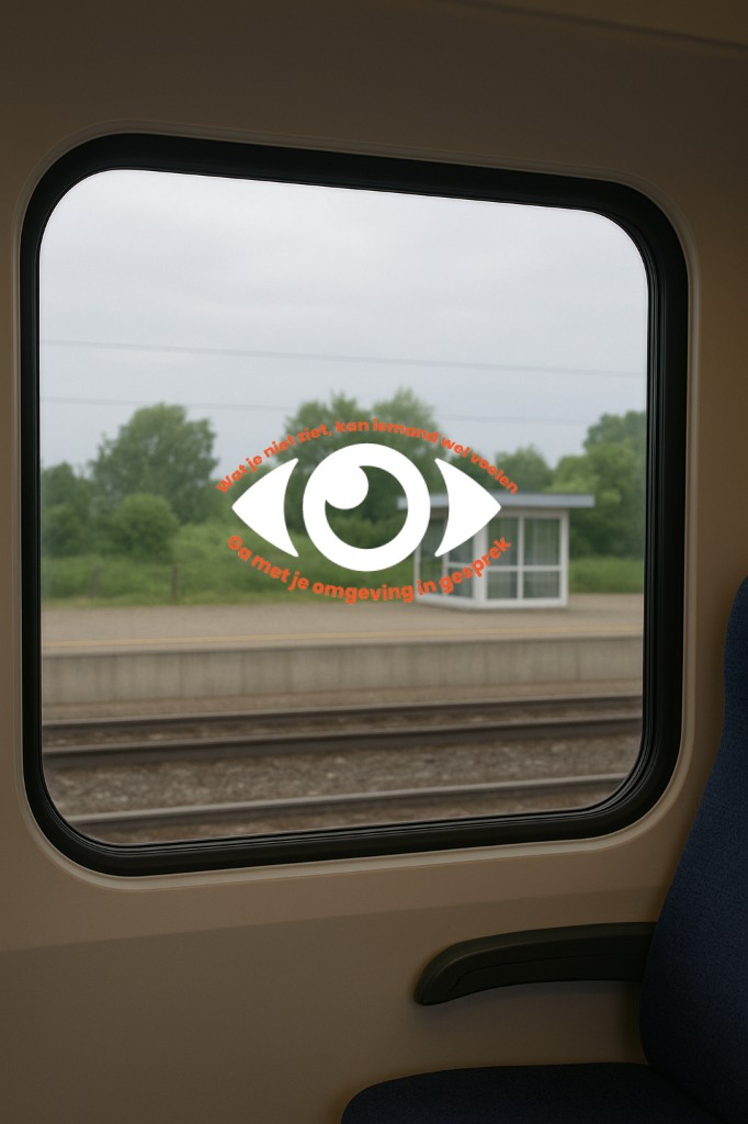 Concept: raamsticker in trein met oog en boodschap
